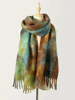 Fringe Tie-Dye Polyester Scarf in vibrant colors, 78.7 in long and 12.6 in wide, perfect for stylish warmth.