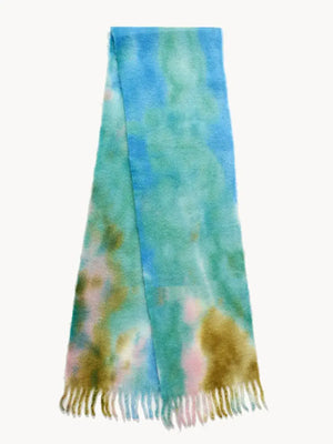 Fringe tie-dye polyester scarf in blue, green, and pink hues, measuring 78.7 in long and 12.6 in wide.