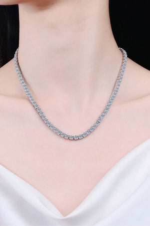 Moissanite rhodium-plated necklace displayed on a model, showcasing its minimalist and modern design.