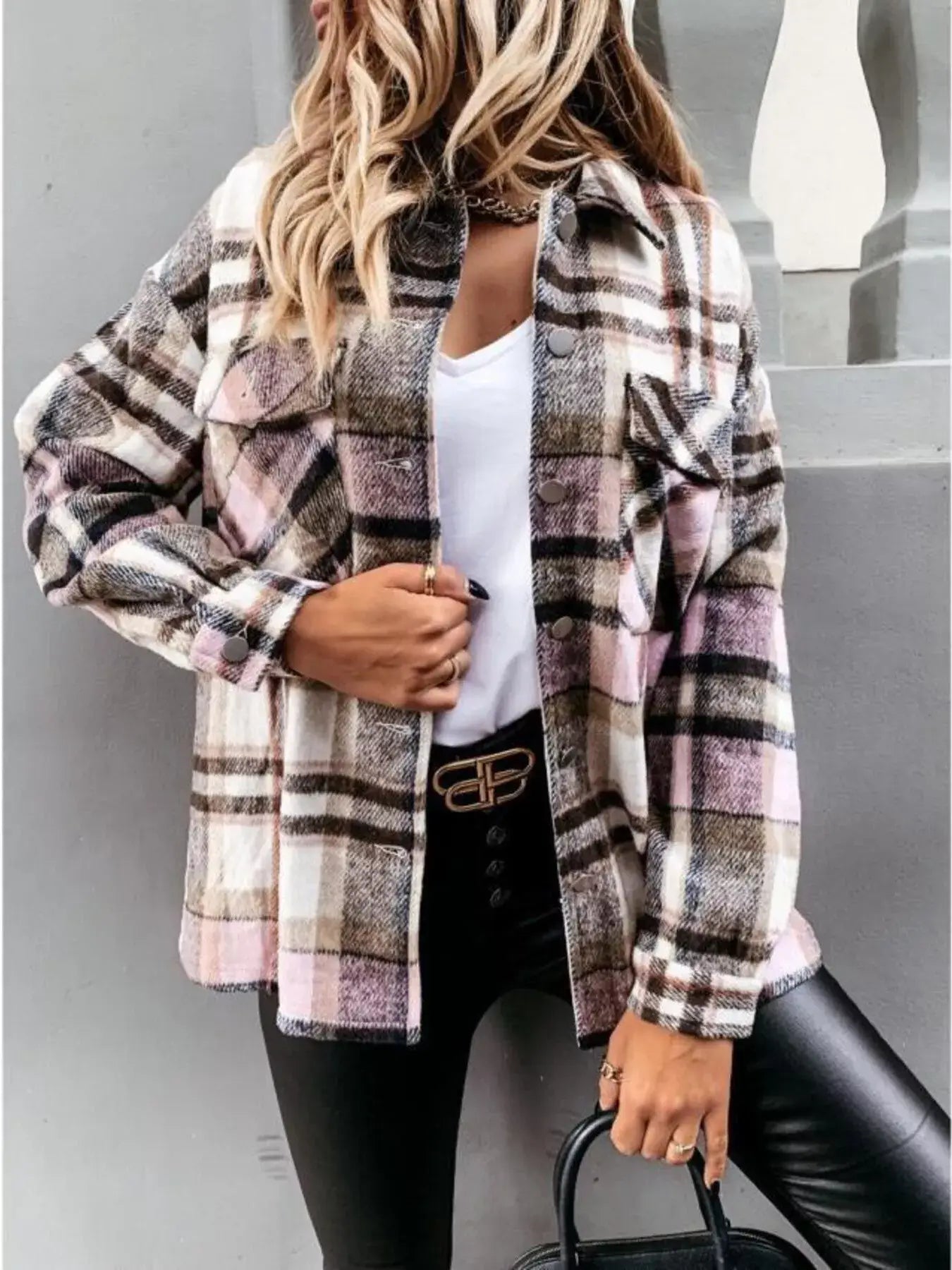 Plaid Button-Down Long Sleeve Shacket worn with a white top and leather pants, showcasing a stylish layered look.