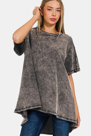 Stylish Zenana Round Neck Dropped Shoulder Blouse in acid wash fabric, offering a relaxed and comfortable fit.