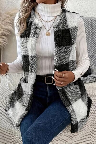 Stylish Sherpa plaid open front vest coat, perfect for layering over turtlenecks and jeans, offering comfort and warmth.