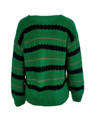 Green striped round neck long sleeve sweater featuring a cozy, relaxed fit from the back view.