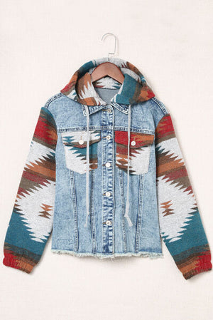 Drawstring hooded pocketed denim jacket with colorful patterned sleeves, perfect for a stylish casual look.