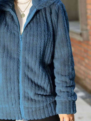 Zip-Up Collared Ribbed Jacket in blue, made of soft polyester, perfect for casual wear and machine washable.