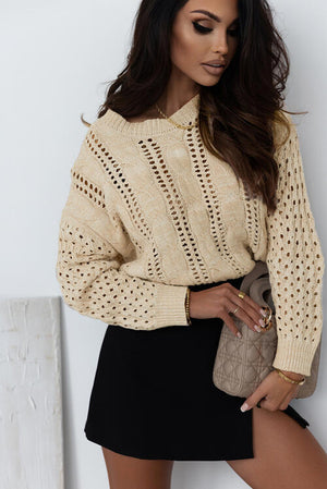 Woman wearing a full size openwork cable-knit round neck knit top styled with a black skirt and handbag.