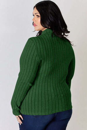 Green ribbed mock neck long sleeve sweater, showcasing a back view with a comfortable fit and stylish design.