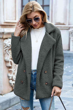 Full size lapel collar Sherpa coat in olive green, casual double-breasted style with pockets and long sleeves.