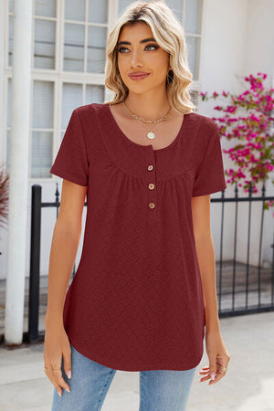 Chic Eyelet Quarter Button Short Sleeve T-Shirt in burgundy, featuring a scoop neck and subtle pattern.