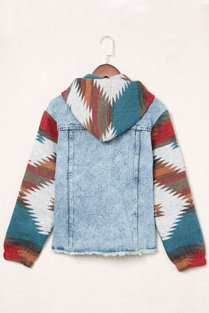 Back view of a drawstring hooded denim jacket with patterned sleeves, perfect for casual style.