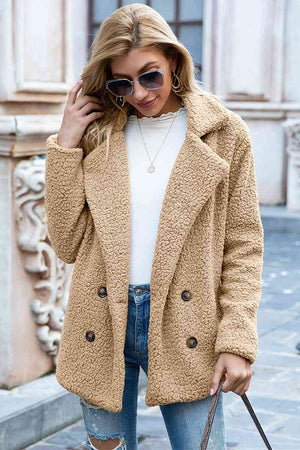 Full size lapel collar sherpa coat in beige, featuring double-breasted design and casual urban style.
