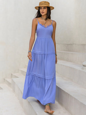 Lace detail v-neck cami dress in light blue, perfect for summer, featuring a flowing skirt and spaghetti straps.