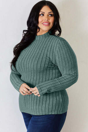 Basic Bae ribbed mock neck long sleeve t-shirt in green, featuring a comfortable fit for plus-size women.