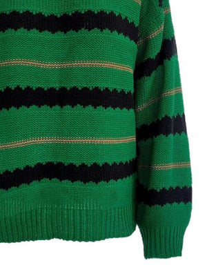 Striped round neck long sleeve sweater in green, black, and beige with a relaxed fit and moderate stretch.