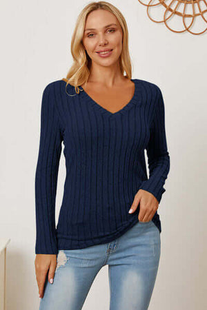 Basic Bae navy ribbed V-neck long sleeve t-shirt on model, showcasing a casual style with slight stretch.