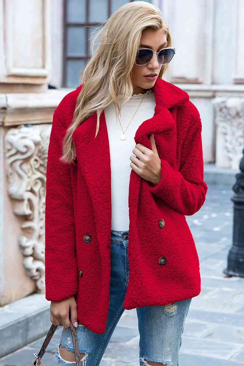 Full size red lapel collar Sherpa coat with double-breasted style, perfect for casual urban outings.