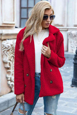 Full size red lapel collar Sherpa coat with double-breasted style, perfect for casual urban outings.