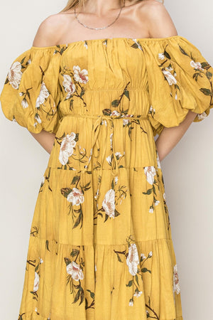HYFVE floral puff sleeve tiered dress in yellow with off-shoulder design and floral print, perfect for special occasions.