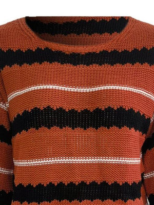 Striped round neck long sleeve sweater in rust, black, and white, featuring moderate stretch and basic style.