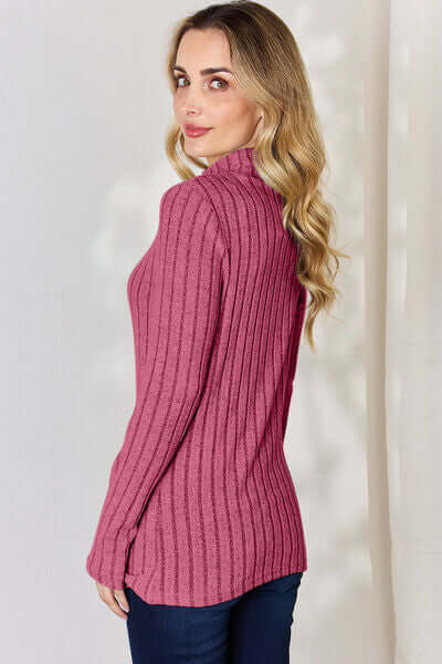 Basic Bae ribbed mock neck long sleeve t-shirt in pink, showcasing a stylish back design with fitted silhouette.