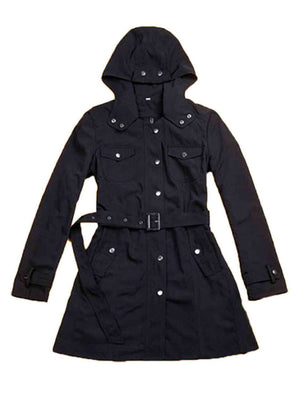 Full size black hooded jacket with detachable liner, featuring pockets and a belted waist, perfect for three-way wear.