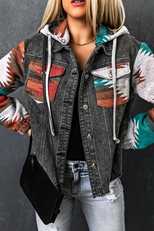 Stylish drawstring hooded denim jacket with colorful patterned sleeves, perfect for casual outings.