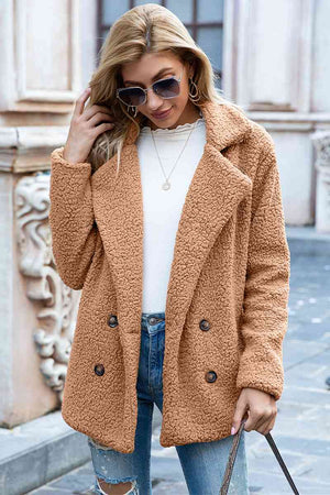 Casual solid lapel collar sherpa coat in brown, featuring double-breasted buttons and long sleeves.