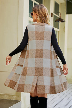 Plaid open front sleeveless cardigan with pockets, showcasing a stylish checkered design from the back.