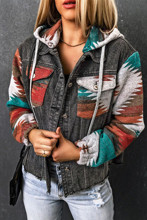 Drawstring hooded pocketed denim jacket with colorful patterned sleeves, perfect for style and comfort.