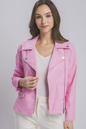 Woman wearing a pink LOVE TREE Collared Neck Zip Up Jacket, showcasing stylish zipper and collared design.