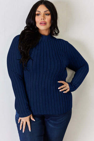 Basic Bae navy ribbed mock neck long sleeve t-shirt. Comfortable and slightly stretchy fit in plus size.