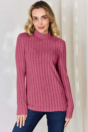 Basic Bae ribbed mock neck long sleeve t-shirt in pink, featuring a slim fit and slightly stretchy fabric.
