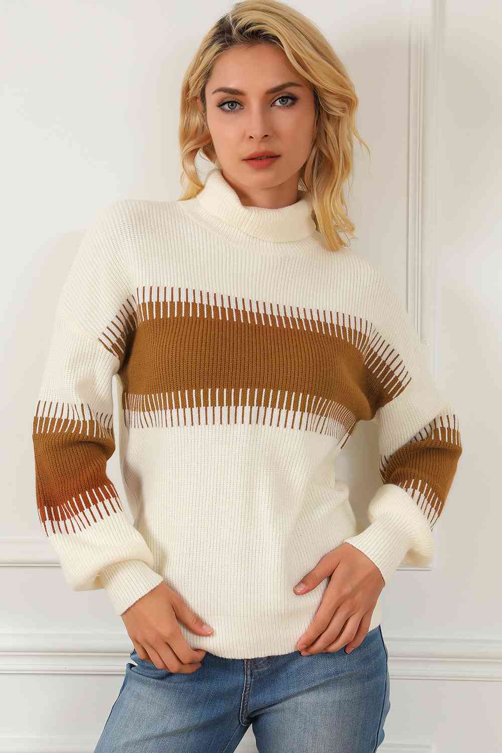 Contrast turtleneck long sleeve sweater featuring horizontal stripes in brown and white, perfect for casual wear.