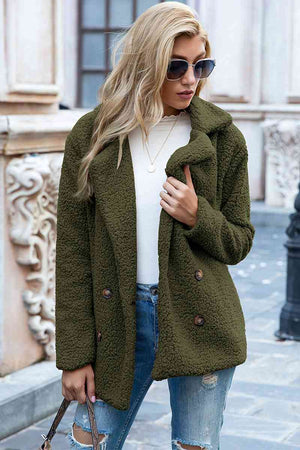 Full size lapel collar sherpa coat in olive green, double-breasted, casual style, perfect for urban wear.