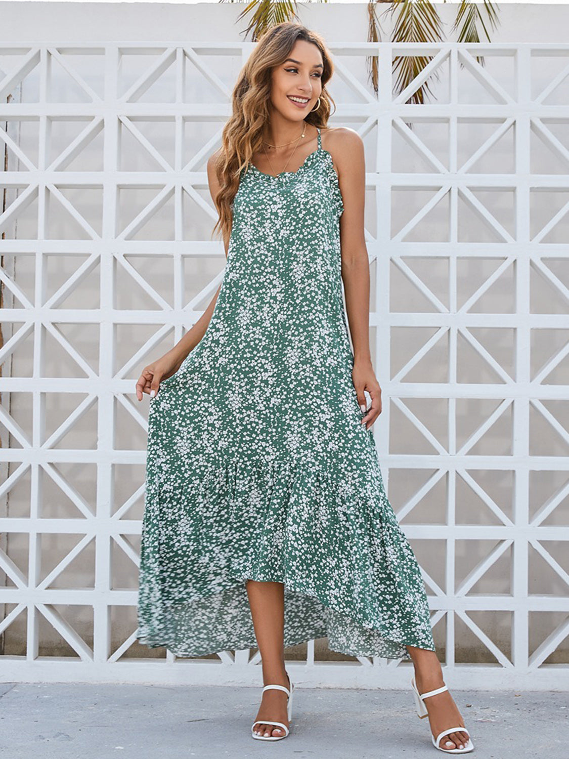 Ditsy floral scoop neck midi cami dress in green with ruffled hem, perfect for summer outings and casual gatherings.