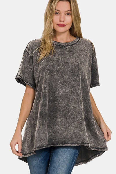 Zenana Round Neck Dropped Shoulder Blouse in dark gray, featuring a relaxed fit and stylish design for comfort.