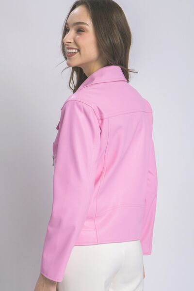 Model showcasing the LOVE TREE Collared Neck Zip Up Jacket in pink, designed for stylish outerwear layering.