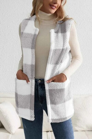 Sherpa plaid open front vest coat in gray and white, perfect for layering over a turtleneck for a cozy look.