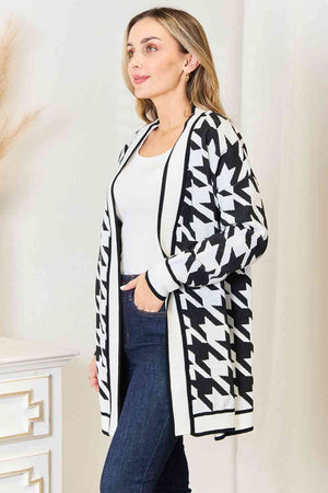 Woven Right Houndstooth Open Front Longline Cardigan in black and white, perfect for layering and stylish comfort.