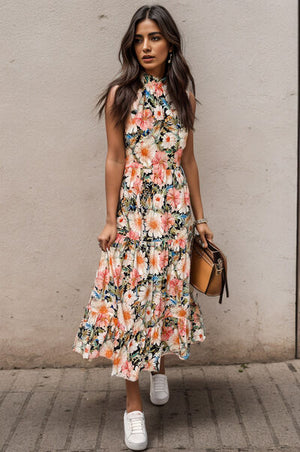 Model wearing a printed tiered mock neck midi dress with pockets, complemented by white sneakers and a stylish handbag.