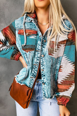 Stylish drawstring hooded denim jacket with pockets, featuring vibrant patterns, perfect for casual outfits.