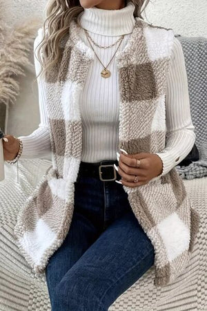 Stylish Sherpa plaid open front vest coat paired with a white turtleneck and jeans, perfect for casual outings.
