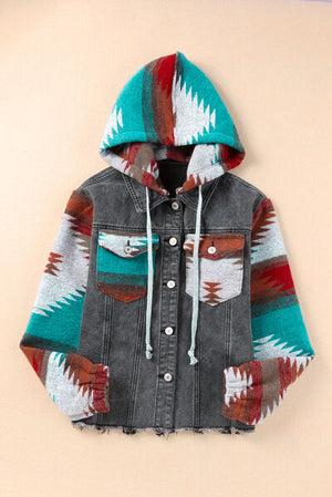 Stylish drawstring hooded pocketed denim jacket with tribal print accents, perfect for casual outings.
