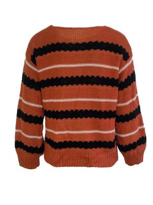Back view of striped round neck long sleeve sweater in orange, black, and white, showcasing its cozy style and texture.