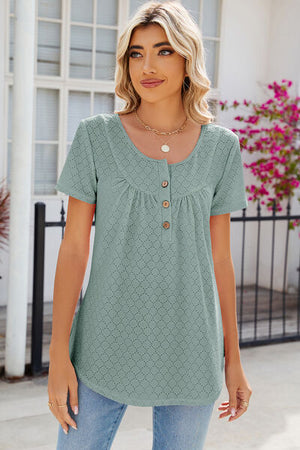 Eyelet quarter button short sleeve T-shirt in green, featuring a relaxed fit and stylish design.