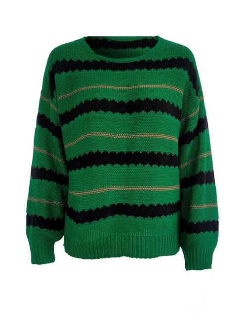 Striped round neck long sleeve sweater in green and navy, featuring a relaxed fit and moderate stretch, made of 100% acrylic.