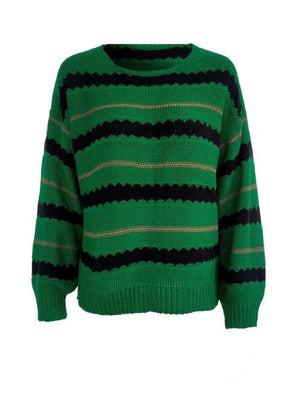 Striped round neck long sleeve sweater in green and navy, featuring a relaxed fit and moderate stretch, made of 100% acrylic.