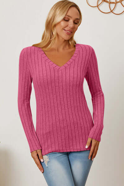 Basic Bae pink ribbed V-neck long sleeve T-shirt for women, stylish and slightly stretchy, ideal for versatile outfits.