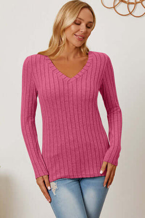 Basic Bae pink ribbed V-neck long sleeve T-shirt for women, stylish and slightly stretchy, ideal for versatile outfits.