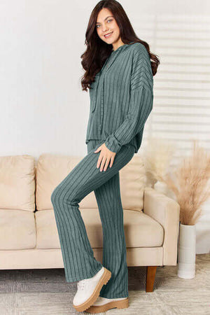 Basic Bae Ribbed Hood Top and Pants Set in teal, showcasing a cozy chic style for casual wear.